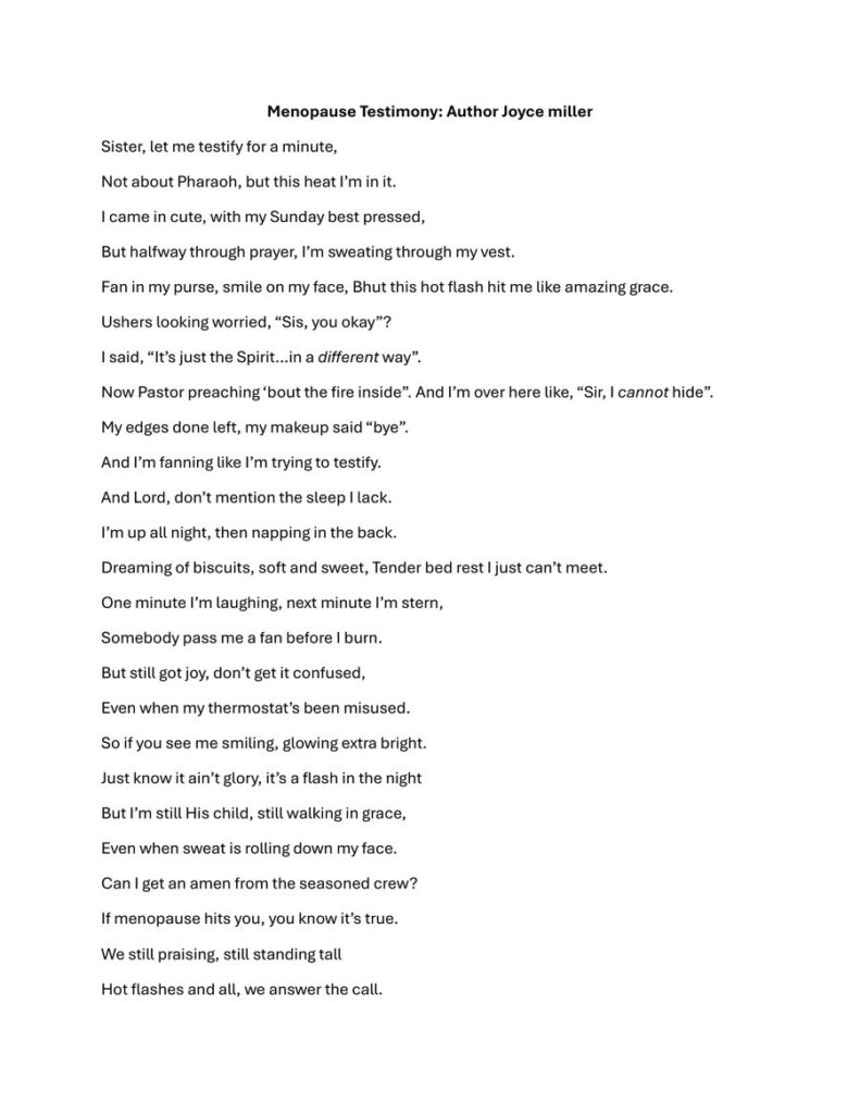 First page of literary work: Menopause Testimony Joyce Miller