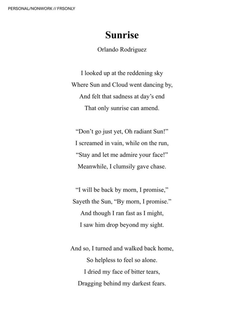 First page of literary work: Sunrise Orlando Rodriguez